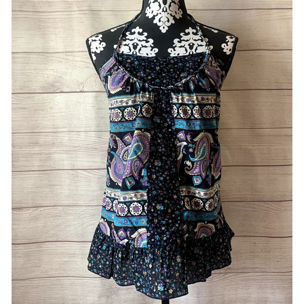 Paisley and Floral Black Purple Blue Halter Tank Top Ruffle Peplum Bottom